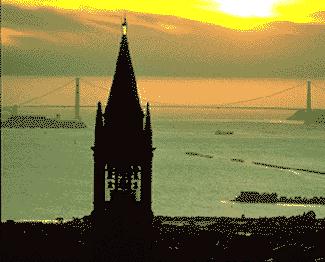 Sather Tower at Sunset with Golden Gate in Background