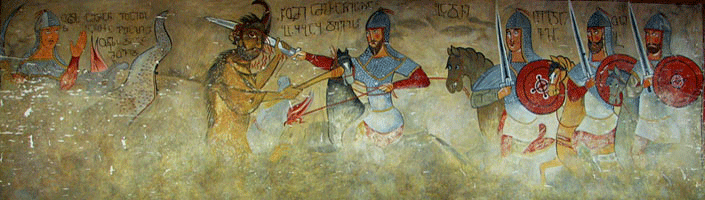 Medieval painting on the outer wall of the Church in Svaneti. Epic Hero Amiran
and his brothers fight with Devs