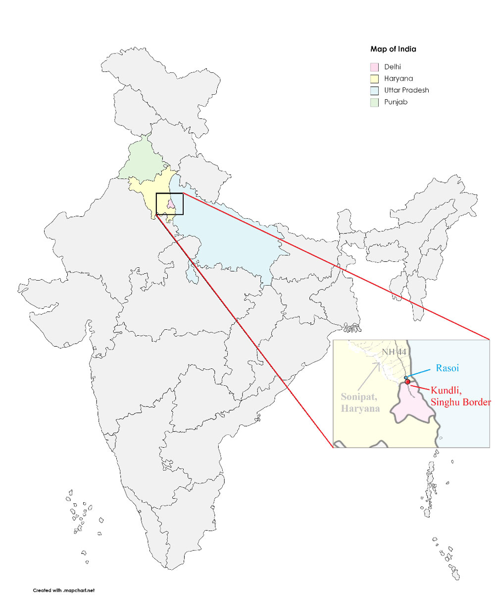 Protest Map of India showing Singhu Border