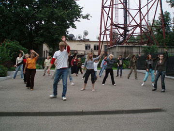 Dancing modern Israeli dances in the yard of the Jewish community center in Veliky Novgorod, 2007