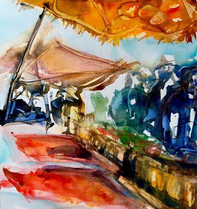 sketch of marketplace with orange parasol
