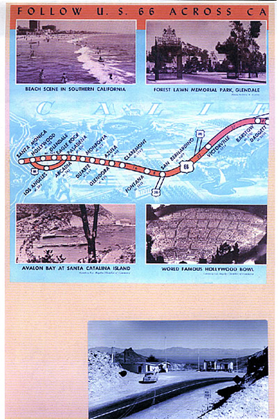 Fig. 11: Post card of Route 66 and  points of interest in California. From a Scrapbook in the Newberry Library collection.