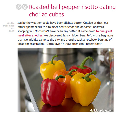 Nichole Stich 'Roasted bell pepper risotto dating chorizo cubes' Delicious:Days