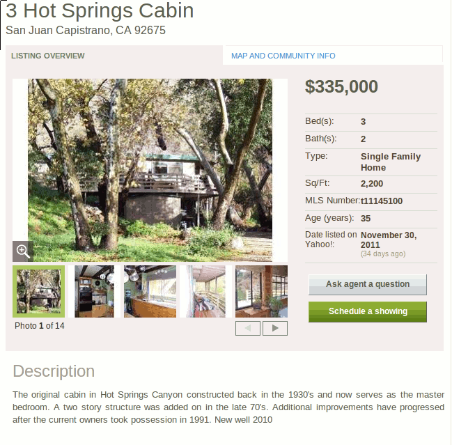 [Screen-shot of Yahoo Real-Estate showing a listing for 3 Hot Springs Cabin, December 2011]