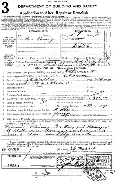 Pup Cafe permit, 1929