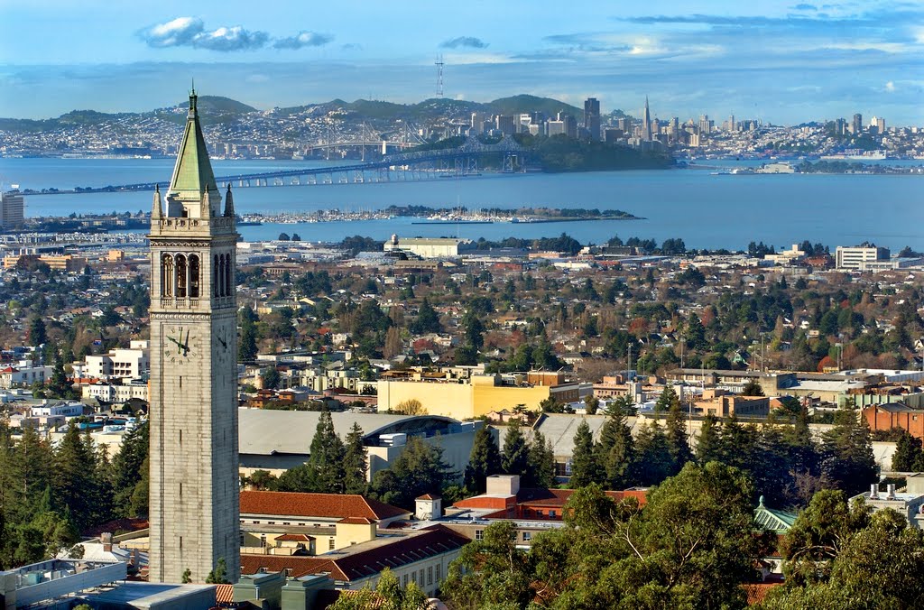 Picture of UC Berkeley Campanile with a backdrop of San Francisco skyline and the Bay Bridge