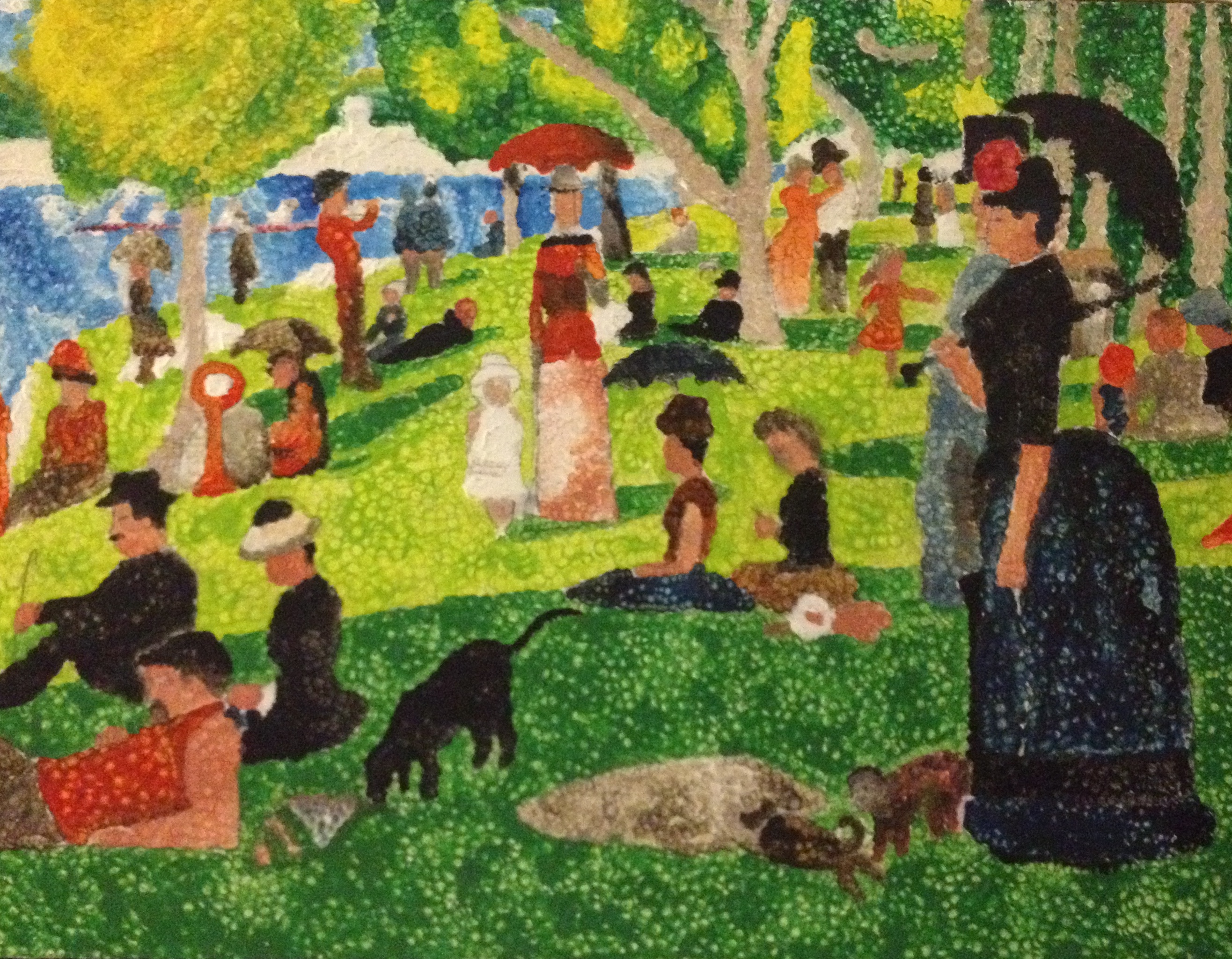 Rendition of 'A Sunday Afternoon on the Island of La Grande Jatte' by Geroges Seurat (2013, acrylic on wood with cotton tips)