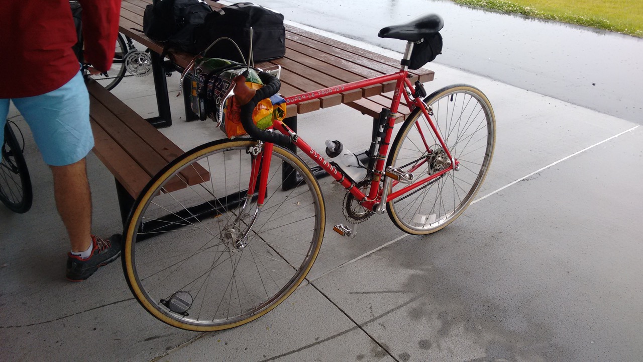 My trusty steed, with Trader Joe's lashed to handlebars with Velcro straps.