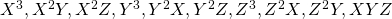 X^3, X^2Y, X^2Z, Y^3, Y^2X, Y^2Z, Z^3, Z^2X, Z^2Y, XYZ