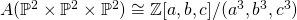 A(\mathbb{P}^2 \times \mathbb{P}^2 \times \mathbb{P}^2) \cong \mathbb{Z}[a, b, c]/(a^3, b^3, c^3)